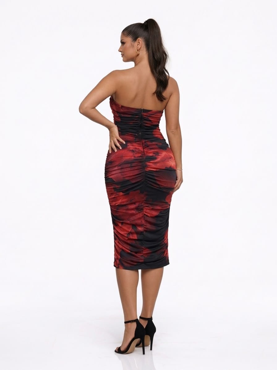 Women's Crimson Reverie Strapless Cutout Ruched Midi Dress – back view