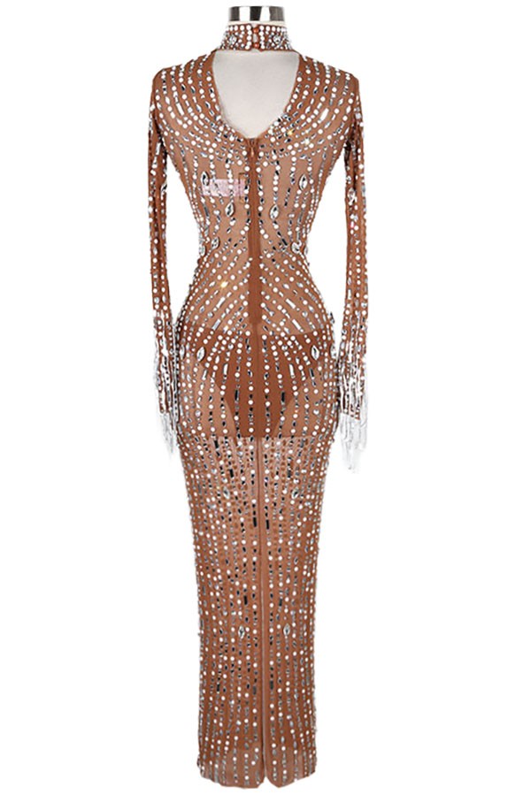 Women's nude rhinestone long sleeve maxi dress - side