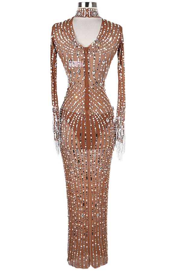 Women's nude rhinestone long sleeve maxi dress - side