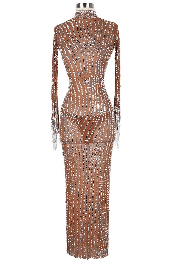 Women's nude rhinestone long sleeve maxi dress - front