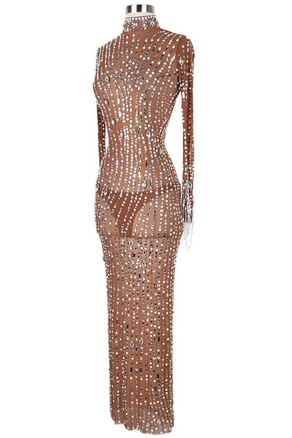 Women's nude rhinestone long sleeve maxi dress - back