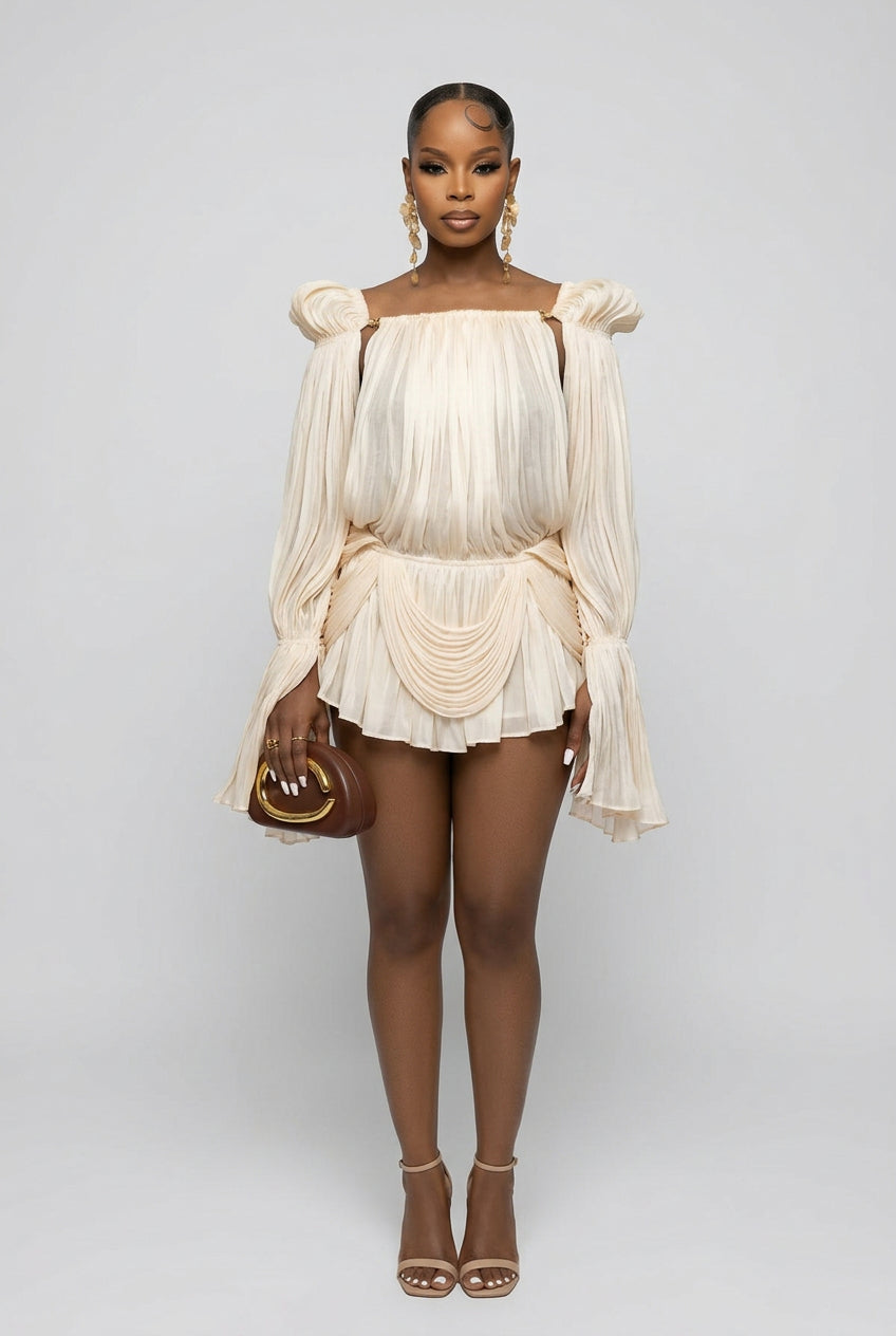 Women's cream off-shoulder puff sleeve ruched sheer mini dress