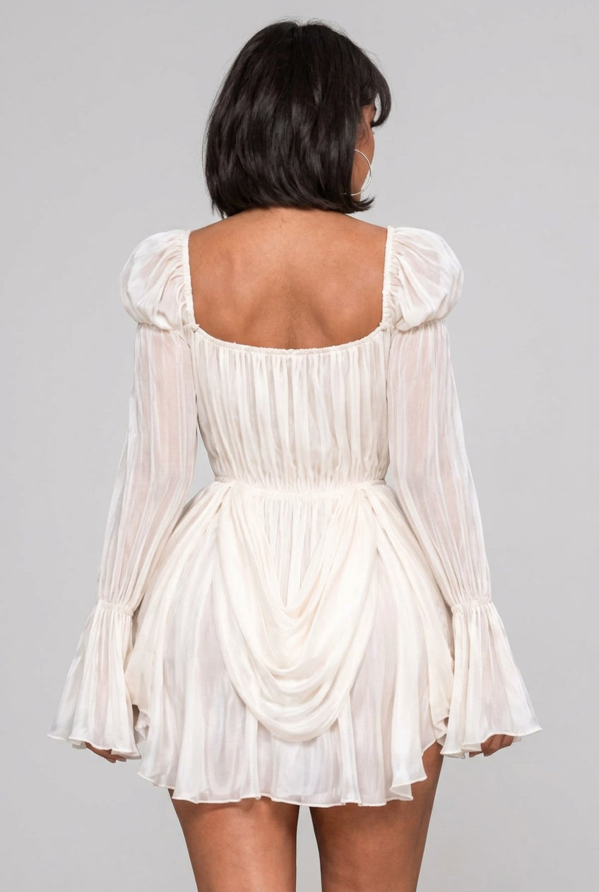 Women's cream off-shoulder puff sleeve mini dress - detail