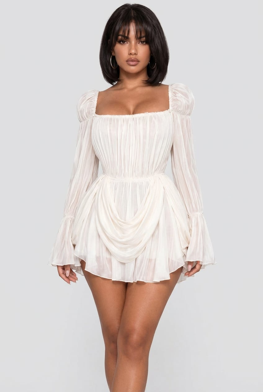 Women's cream off-shoulder puff sleeve mini dress - front