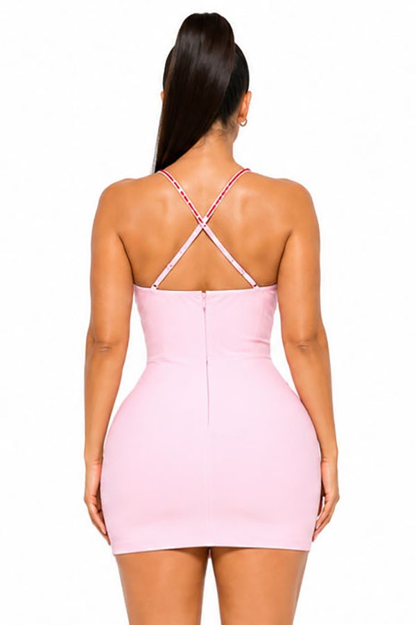 Women's pink coral applique bodycon mini dress - back