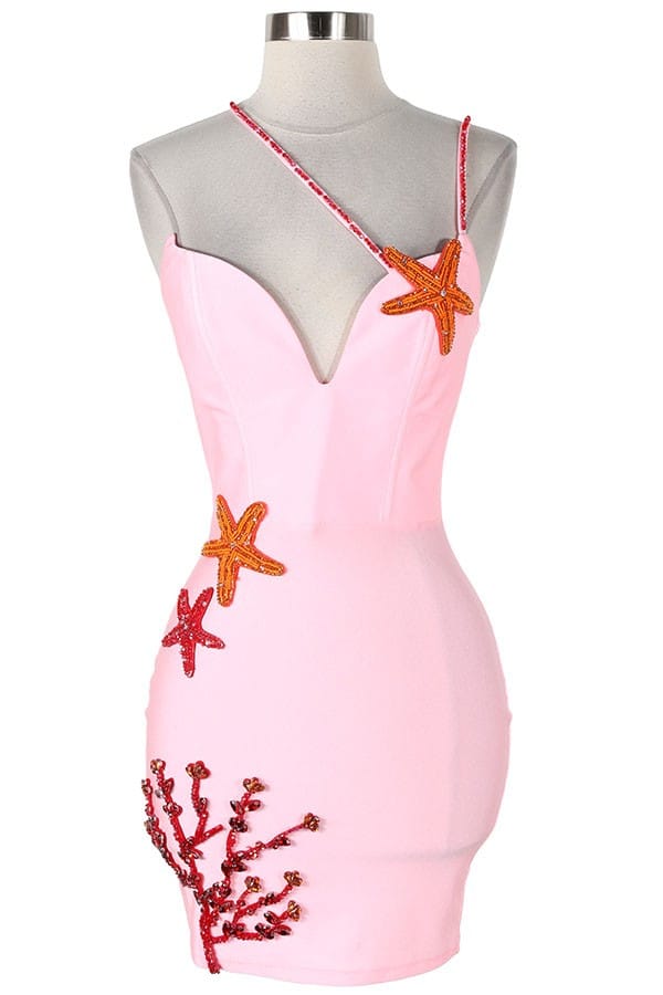 Women's pink coral applique bodycon mini dress - front