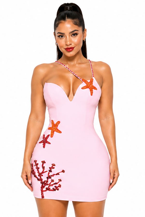 Women's pink coral applique strappy back bodycon mini dress