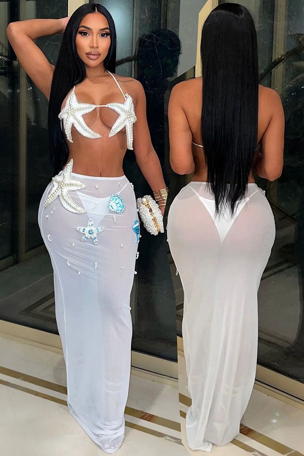 Women's white rhinestone bikini top and sheer maxi skirt set