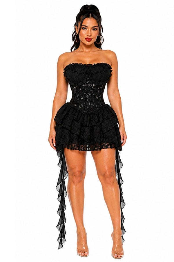 Women's black strapless lace corset ruffle tiered mini dress