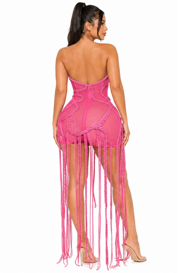 Women's hot pink strapless corset tassel mini dress - back
