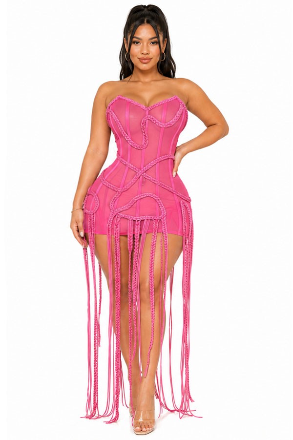 Women's hot pink strapless braided corset sheer mesh tassel mini dress