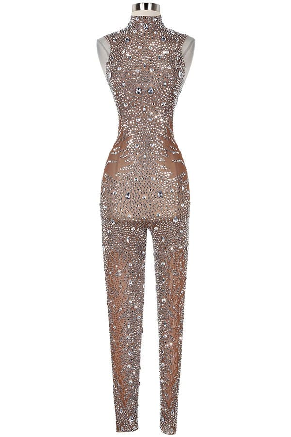 Women's nude rhinestone sheer mesh jumpsuit - front