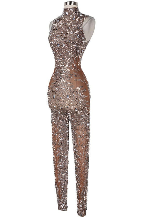 Women's nude rhinestone sheer mesh jumpsuit - back