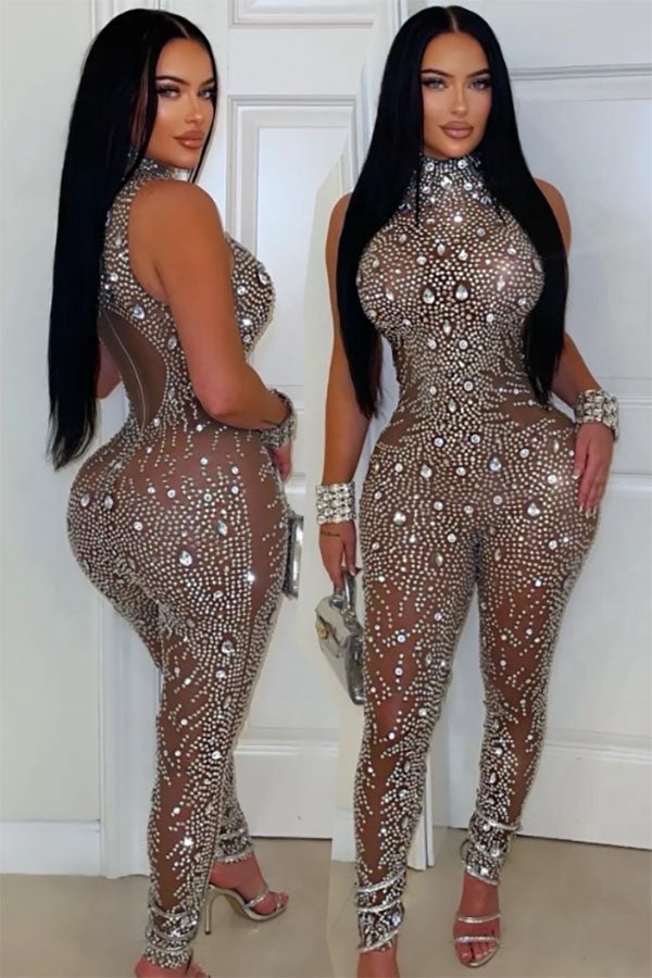 Women's nude rhinestone mock neck sheer mesh jumpsuit