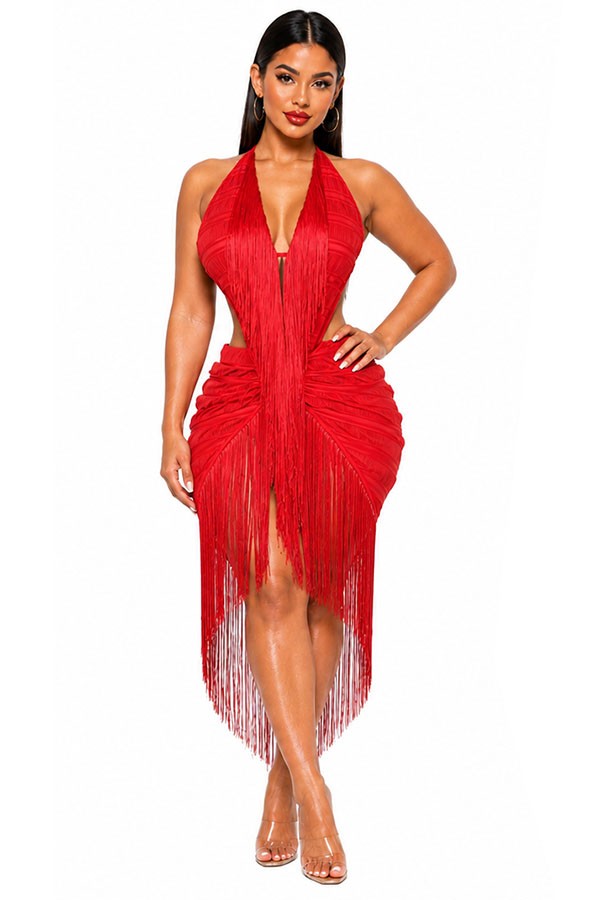 Women's red plunge halter fringe trim mini dress