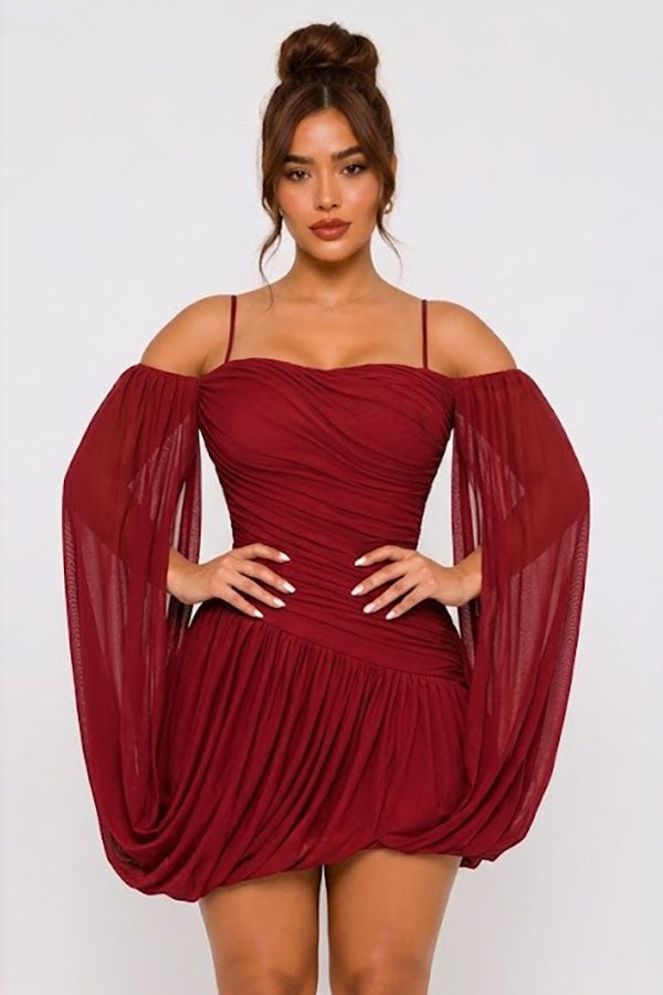 Women's burgundy off-shoulder ruched draped sleeve mini dress