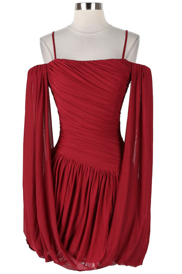 Women's burgundy off-shoulder draped sleeve mini dress - front