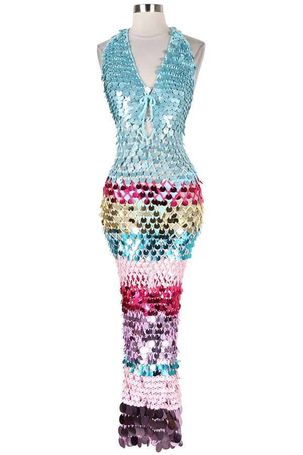 Women's blue sequin halter fringe maxi dress - front
