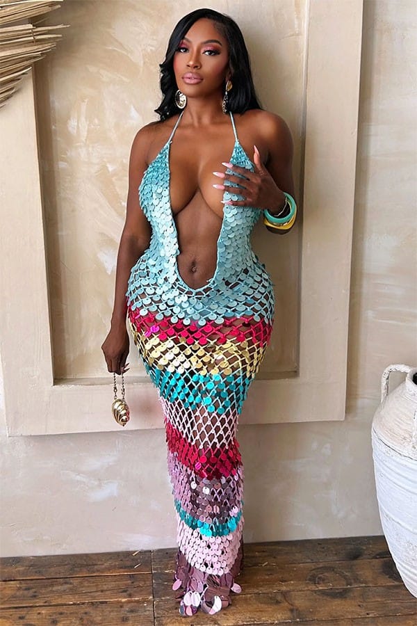 Women's blue sequin halter plunge fringe maxi dress