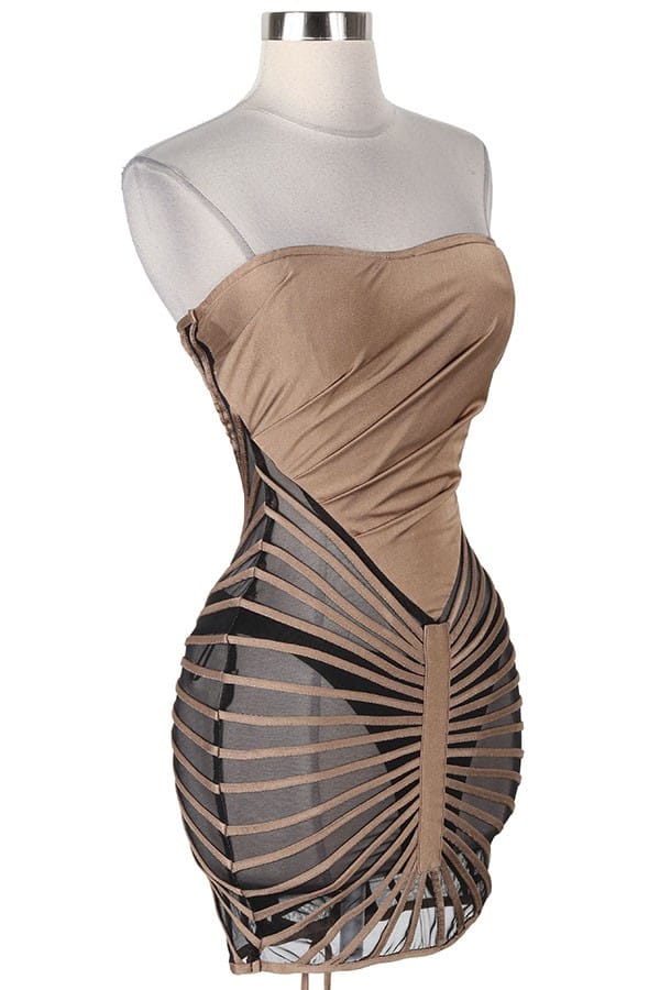 Women's mocha strapless corset fringe mini dress - back