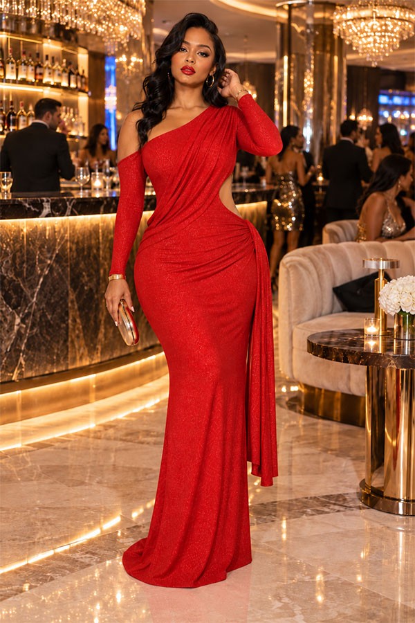 Women's red one-shoulder draped sleeve maxi dress with slit