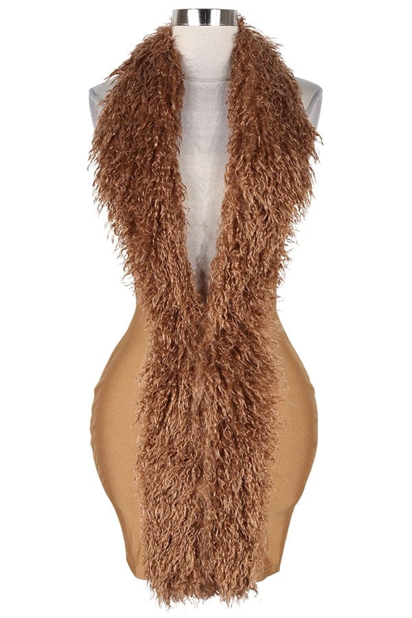 Women's gold faux fur trim plunge mini dress - back