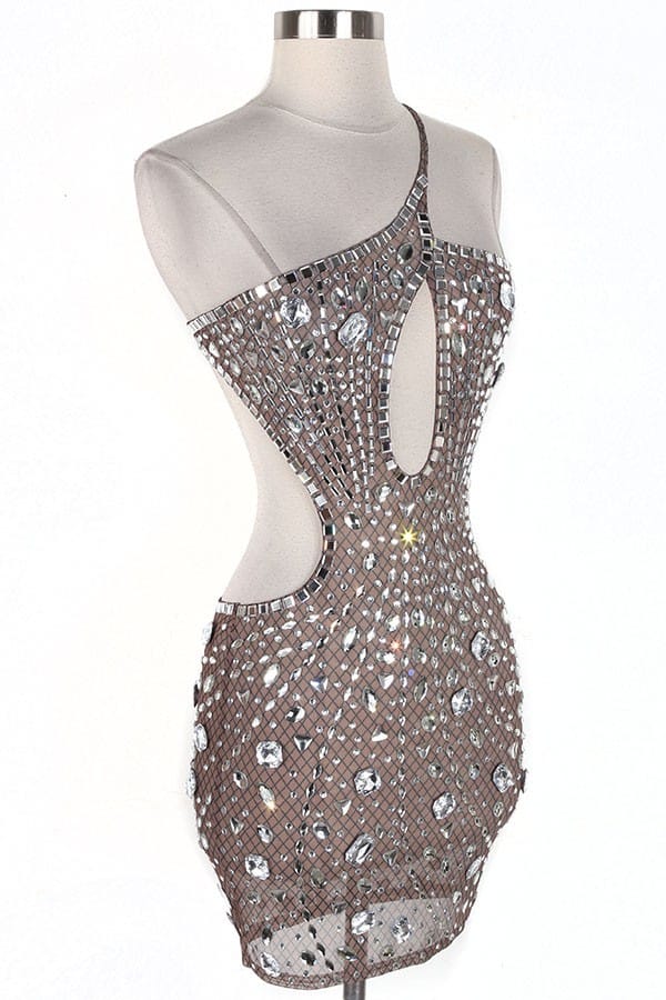 Women's nude rhinestone asymmetric cut-out mini dress - side