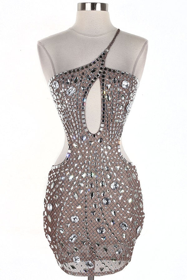 Women's nude rhinestone asymmetric cut-out mini dress - front