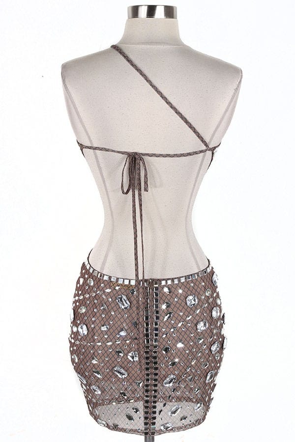 Women's nude rhinestone asymmetric cut-out mini dress - back