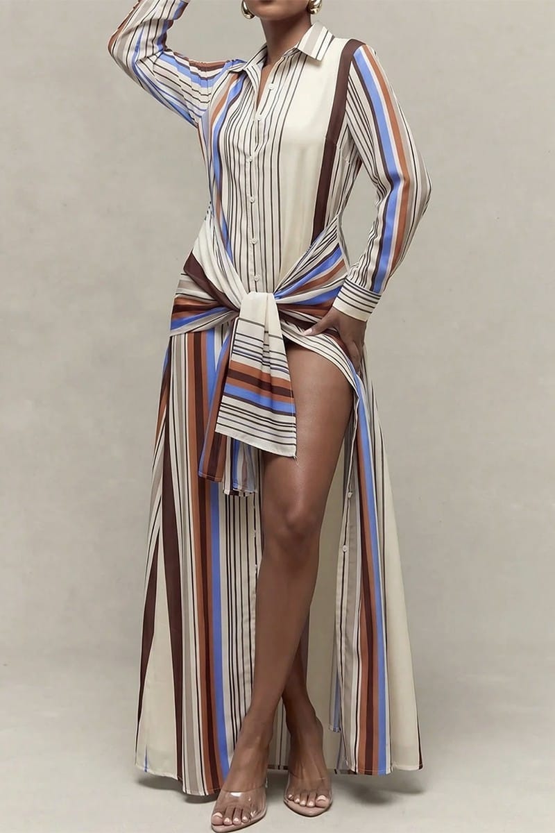 Women's vertical stripe front tie maxi dress