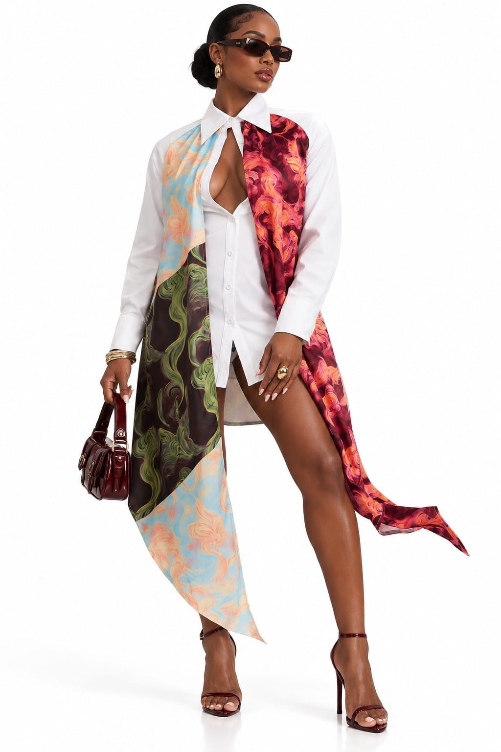 Women's abstract print button-down shirt dress