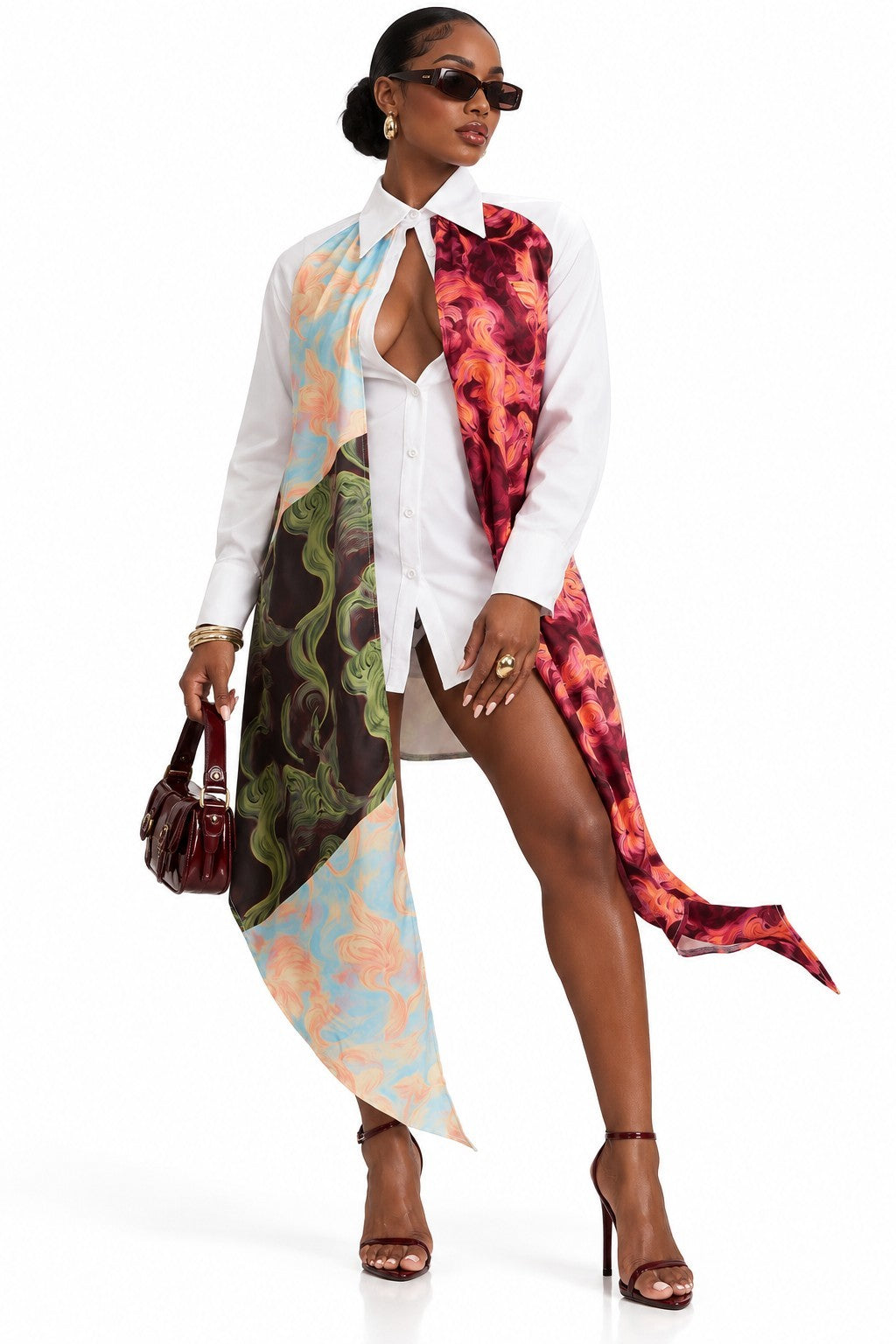 Women's abstract print button-down shirt dress