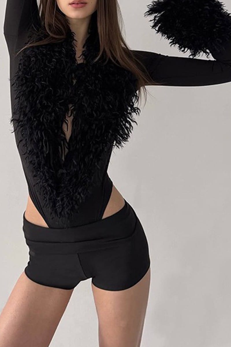 Black faux fur bodysuit
