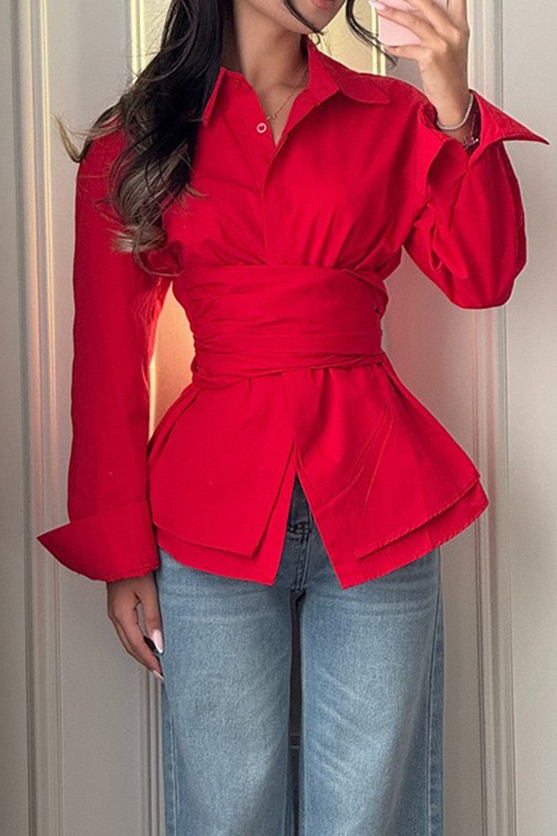 Red tie waist shirt