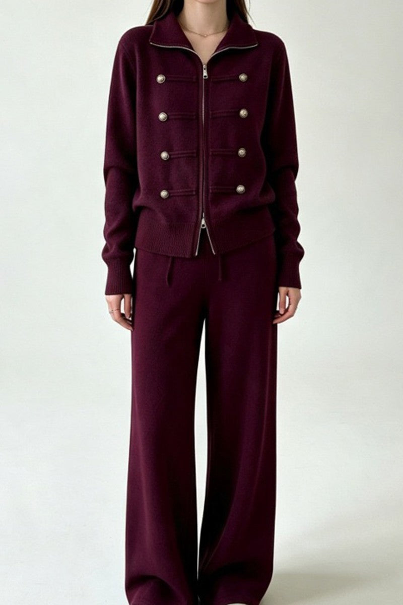 Women's gold button knit zip-up jacket and wide leg pants set