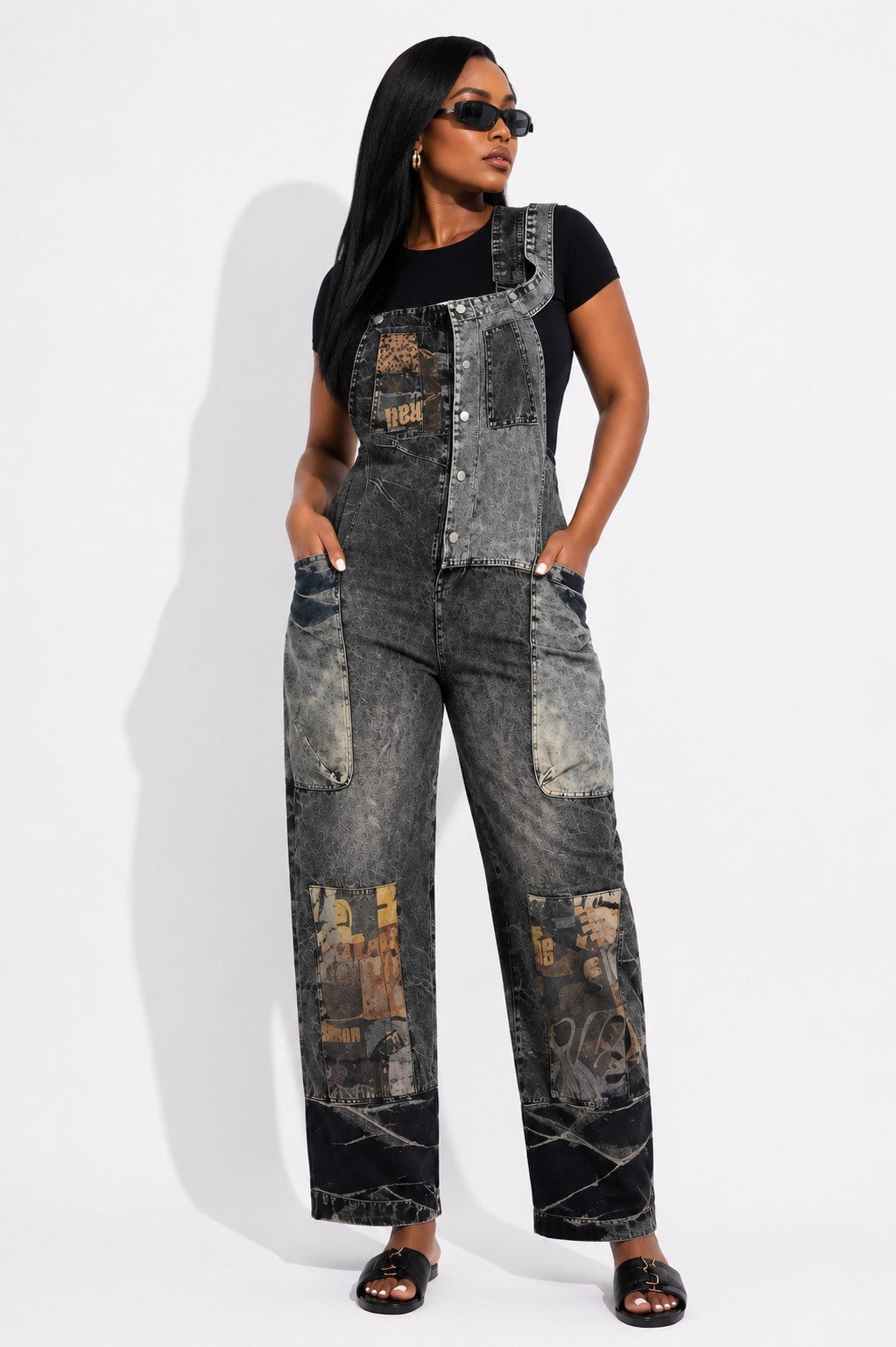 Women's washed denim graphic patchwork overalls