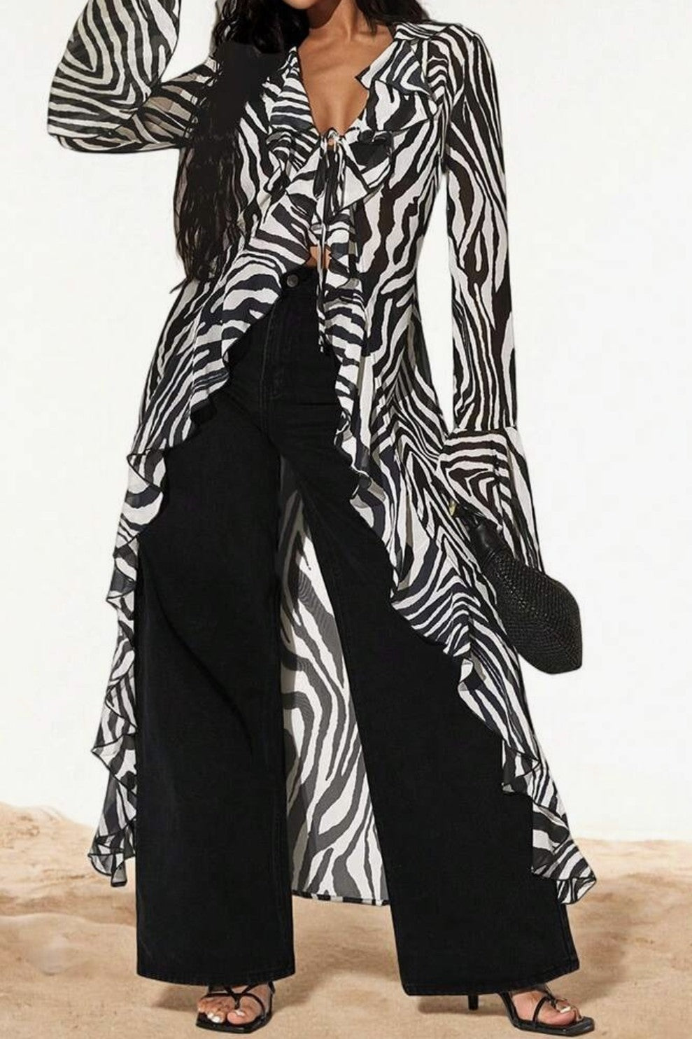 Women's zebra print ruffle duster top