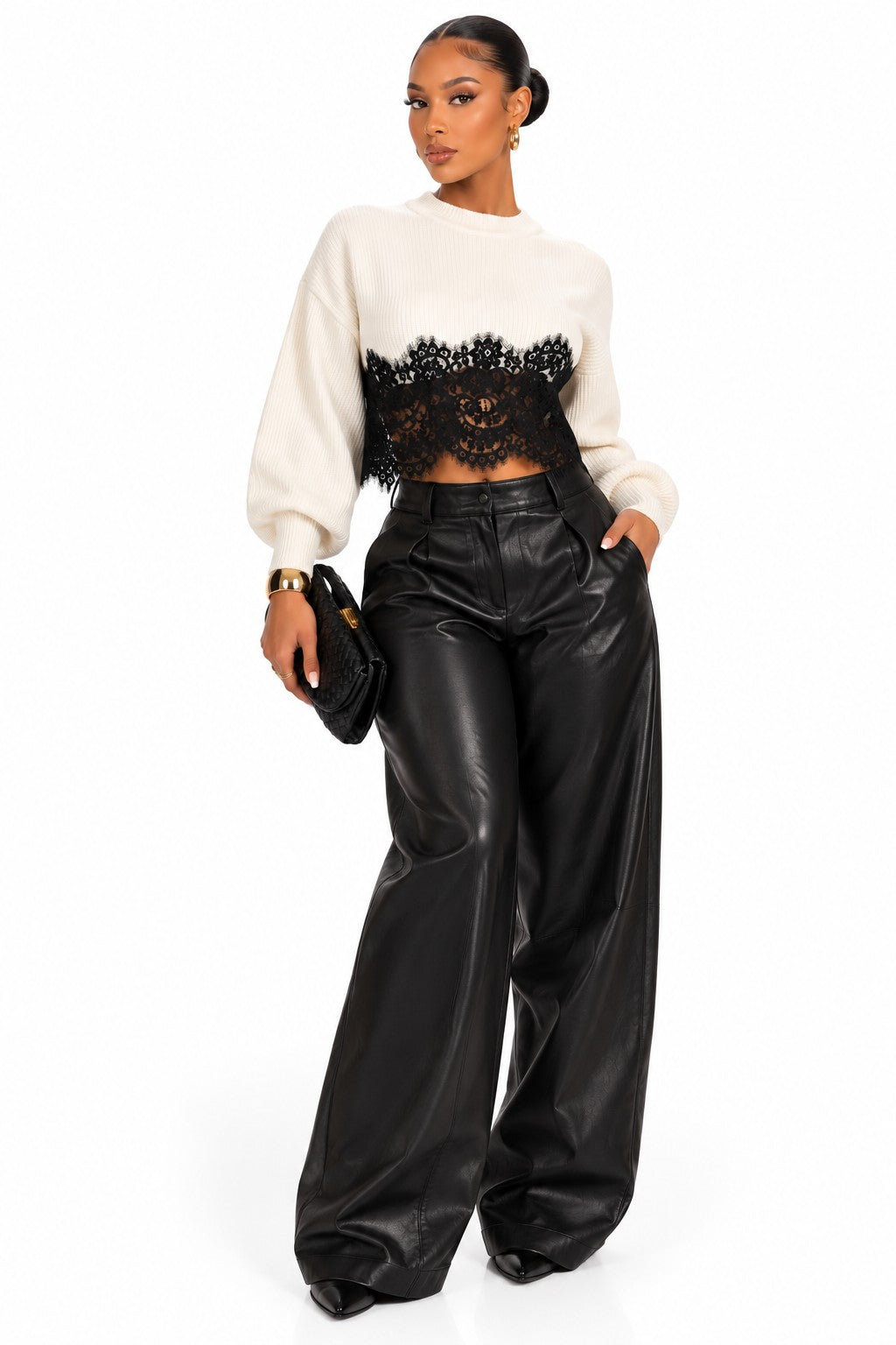 Women's ivory ribbed knit sweater with black lace hem