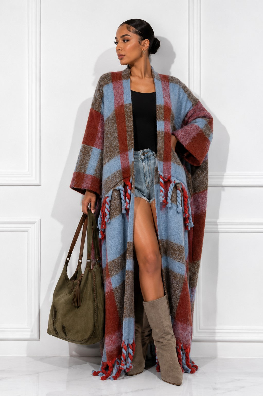 Women's plaid fringe tassel open front cardigan