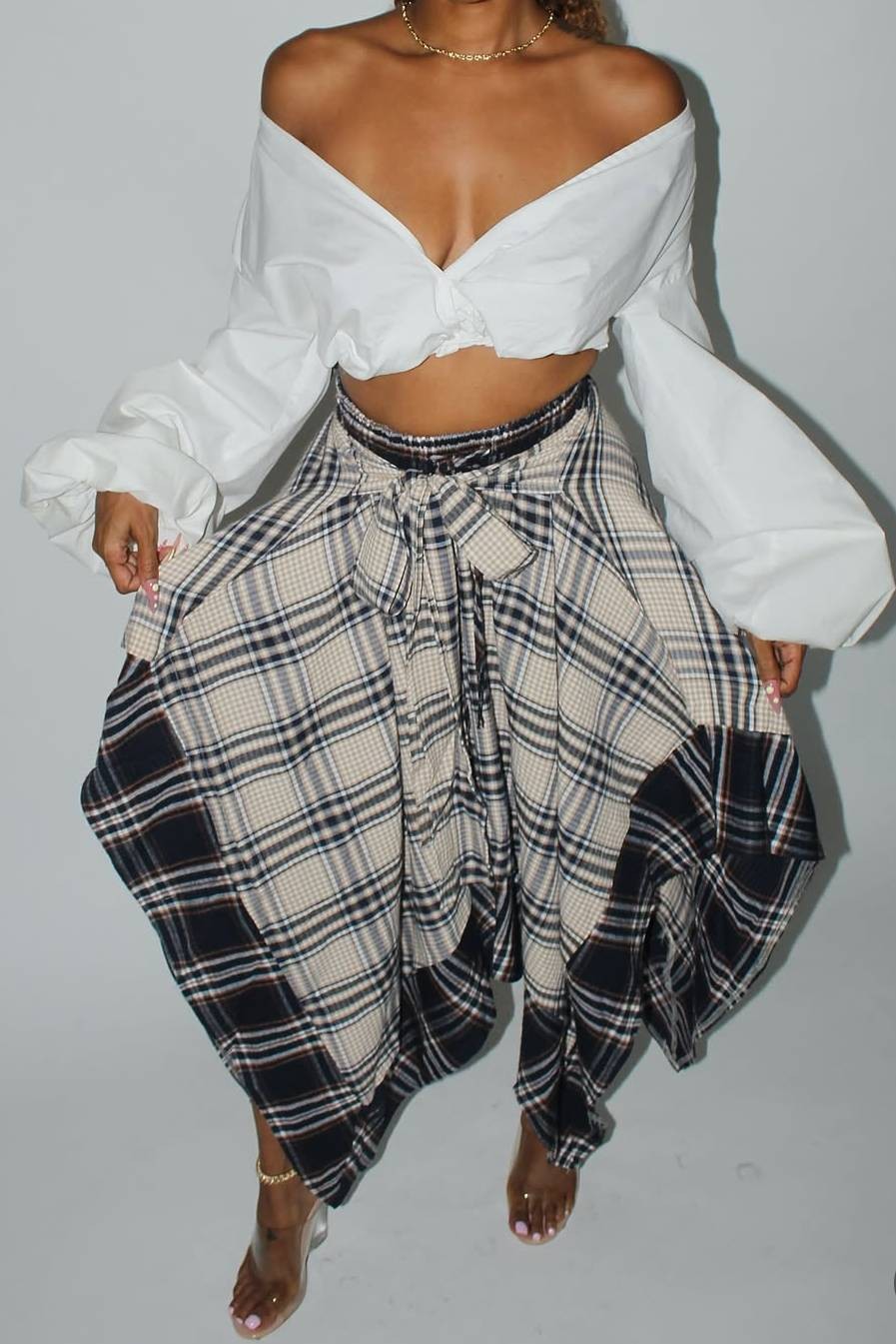 Women's ivory and navy color block plaid midi skirt