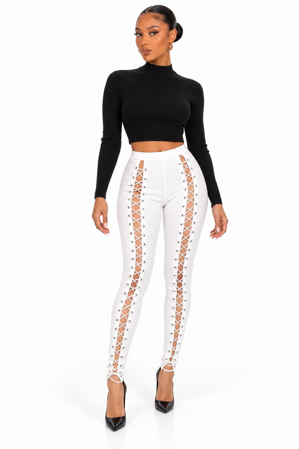 Women's white high waist lace-up front stretch pants