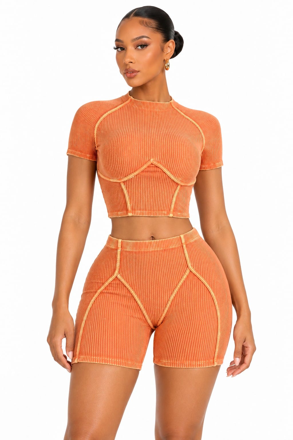 Women's orange mock neck crop top and shorts set