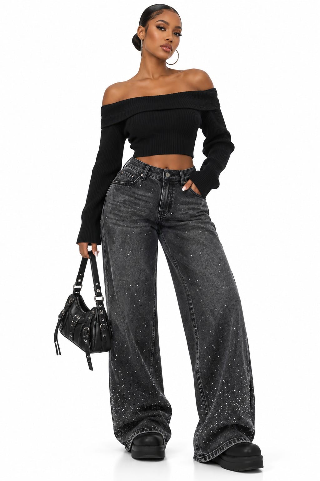 Women's low rise baggy rhinestone jeans black denim on model