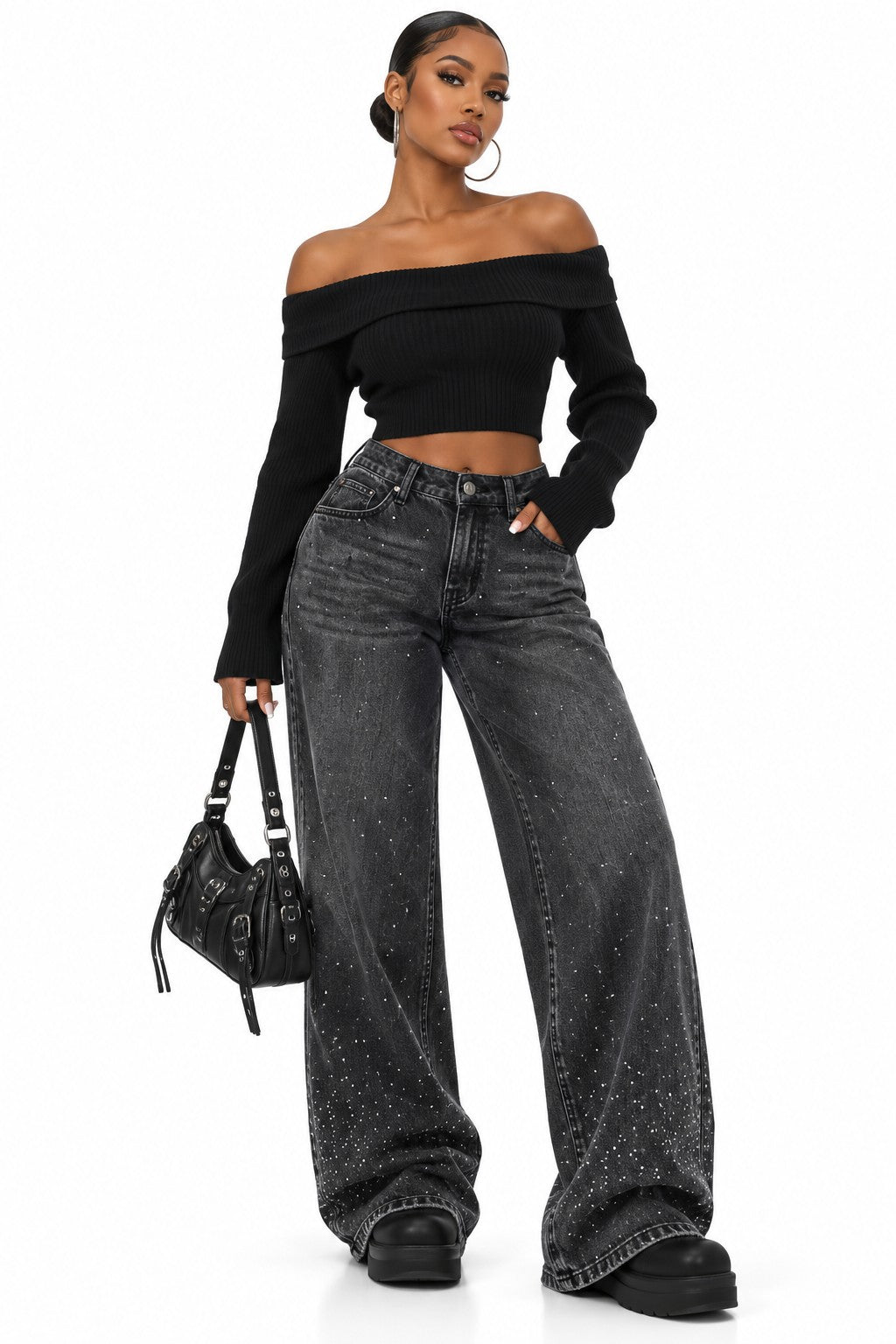 Women's low rise baggy rhinestone jeans black denim on model