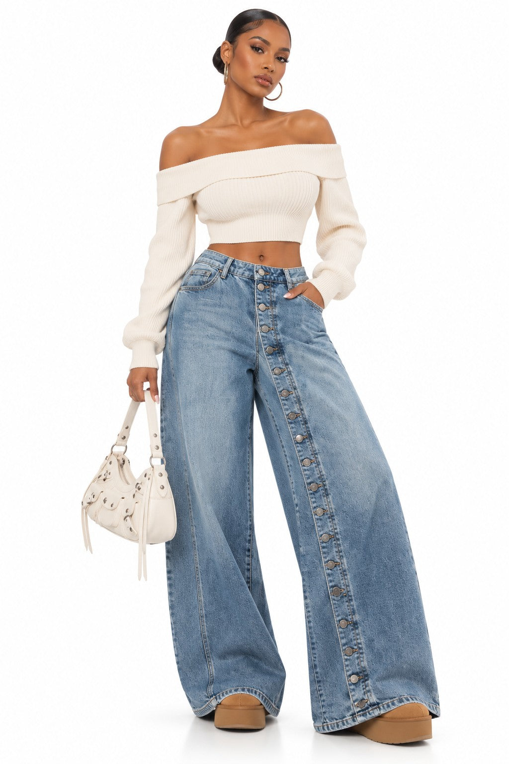 Women's washed denim button detail wide leg jeans on model