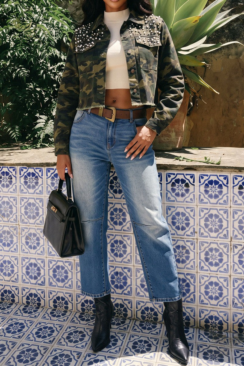 Women's camo pearl rhinestone cropped denim jacket on model