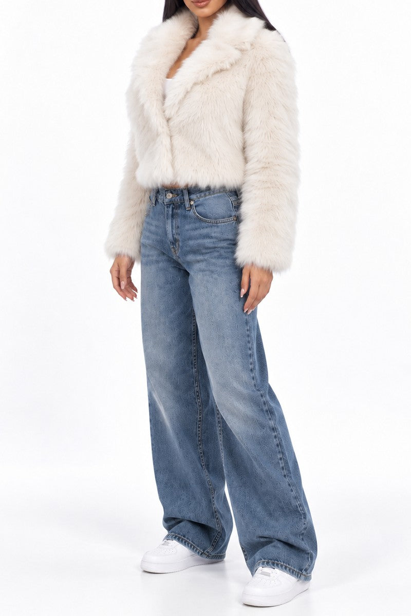 Black faux fur cropped coat
