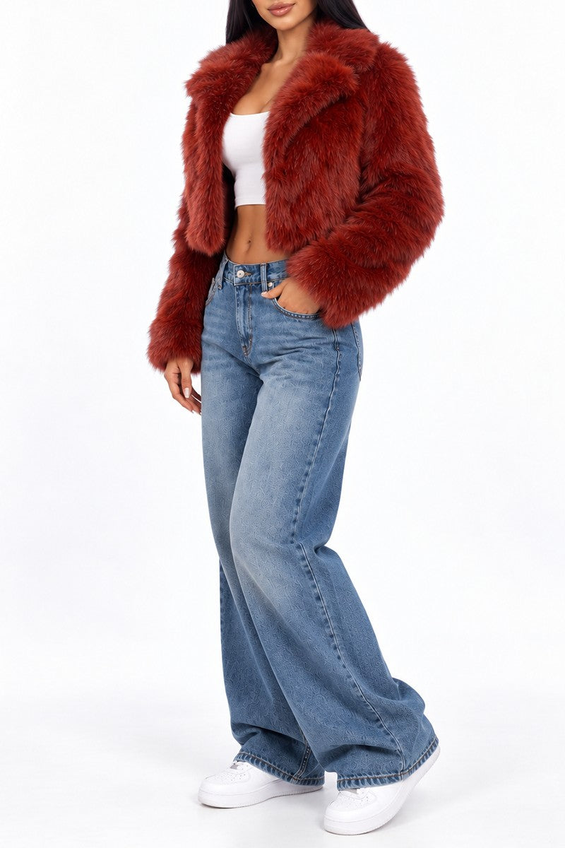 Faux fur cropped coat wide lapel