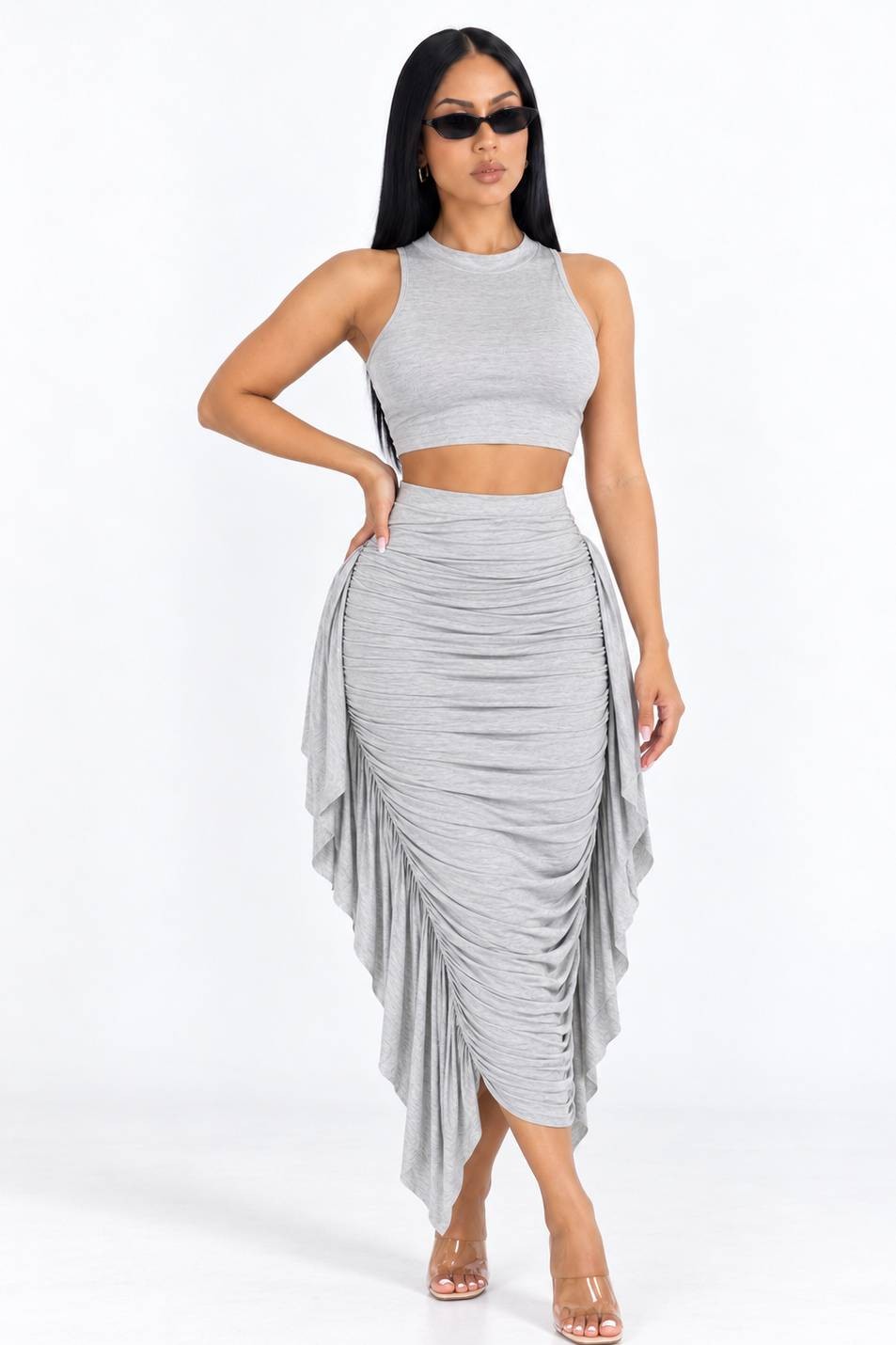 Women's light grey sleeveless top and ruched midi skirt set
