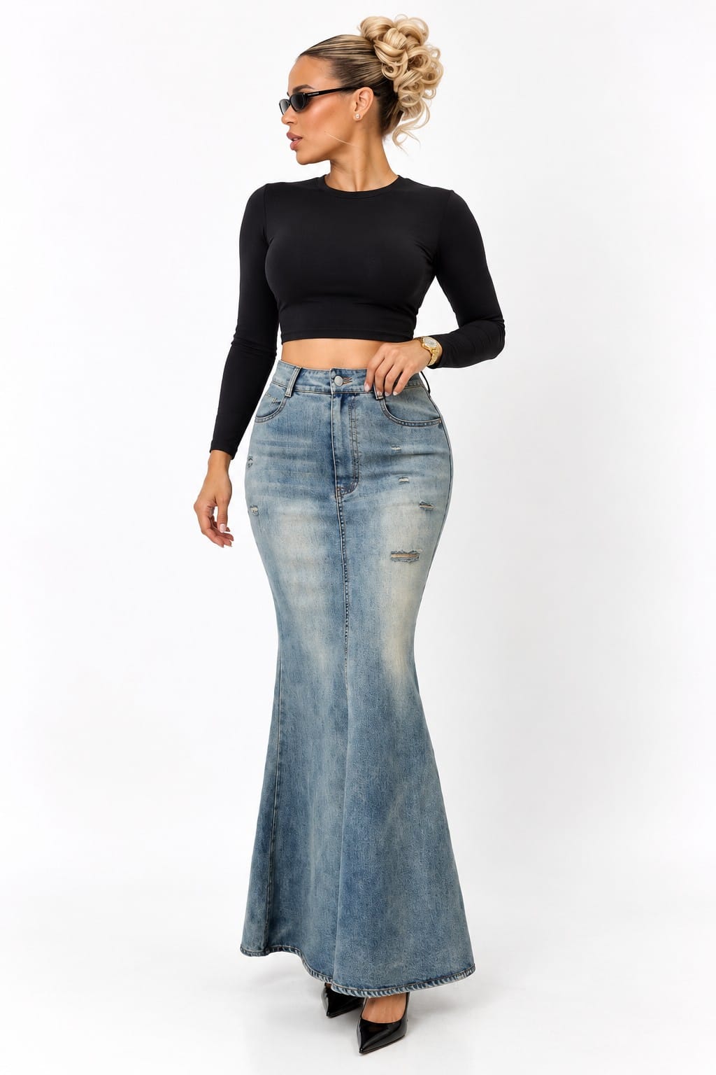 Women's denim mermaid maxi skirt on model